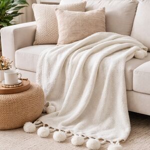 Lacourte Cream Pom Pom Throw Blanket 100% Acrylic 50x60 Cozy Boho Home Decor